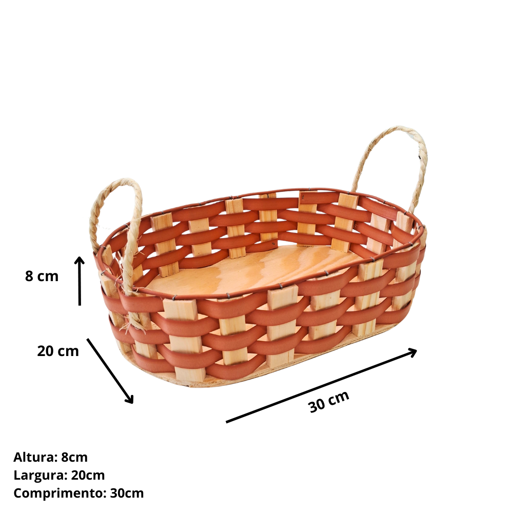Bandeja oval de madeira de pinus e fibra sintética.